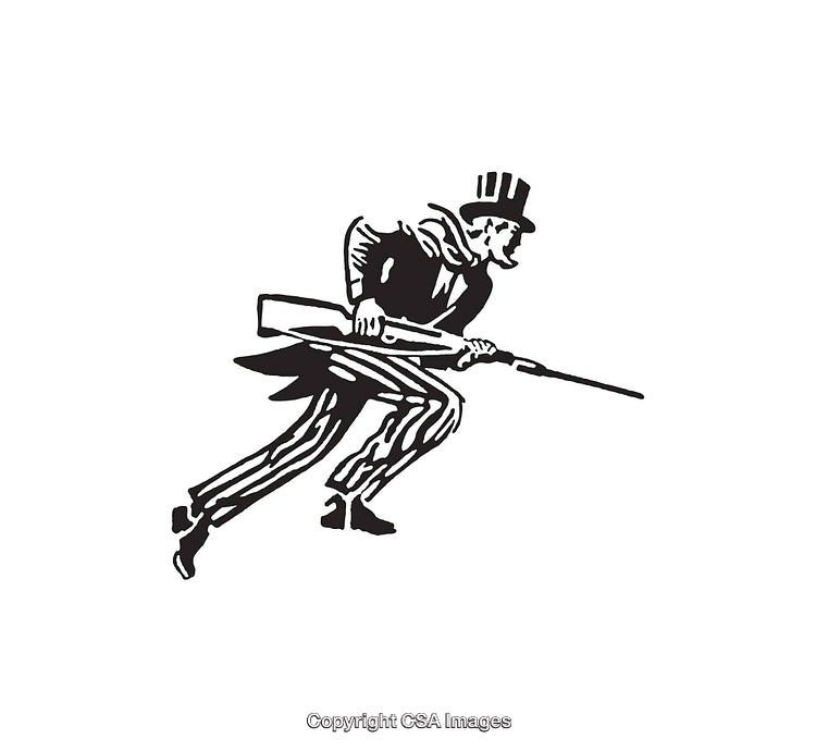 Vintage Black and White Illustration of a Man Carrying a Rifle in Action