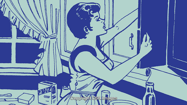 Retro Style Illustration of a Woman Organizing Kitchen Cabinets