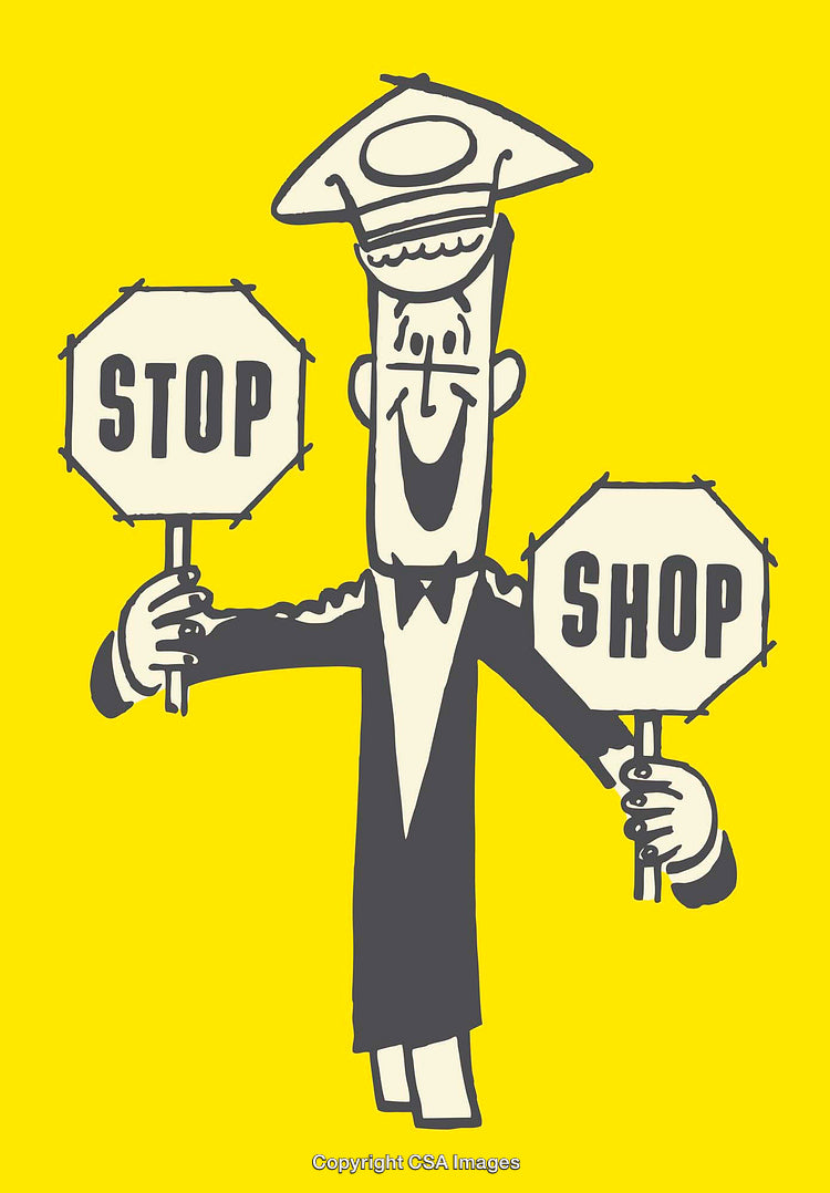 Vintage Cartoon Illustration of Cheerful Shopkeeper in Retro Style