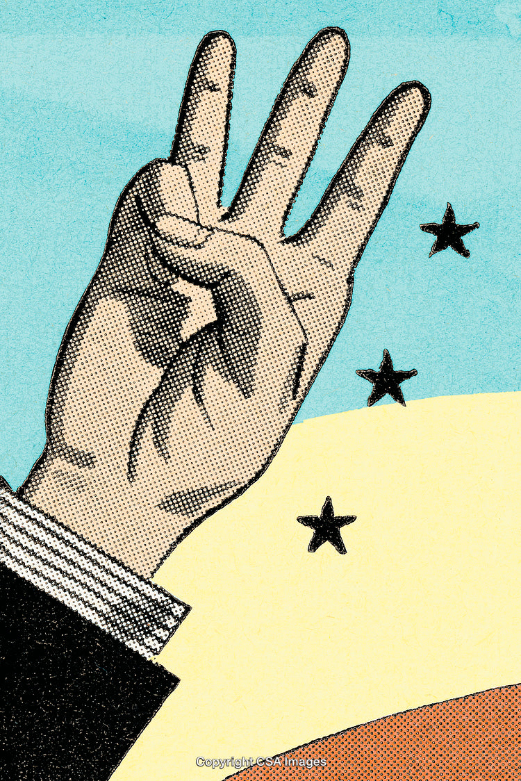 Retro Style Hand Gesture Illustration with Three Stars and Colorful Background