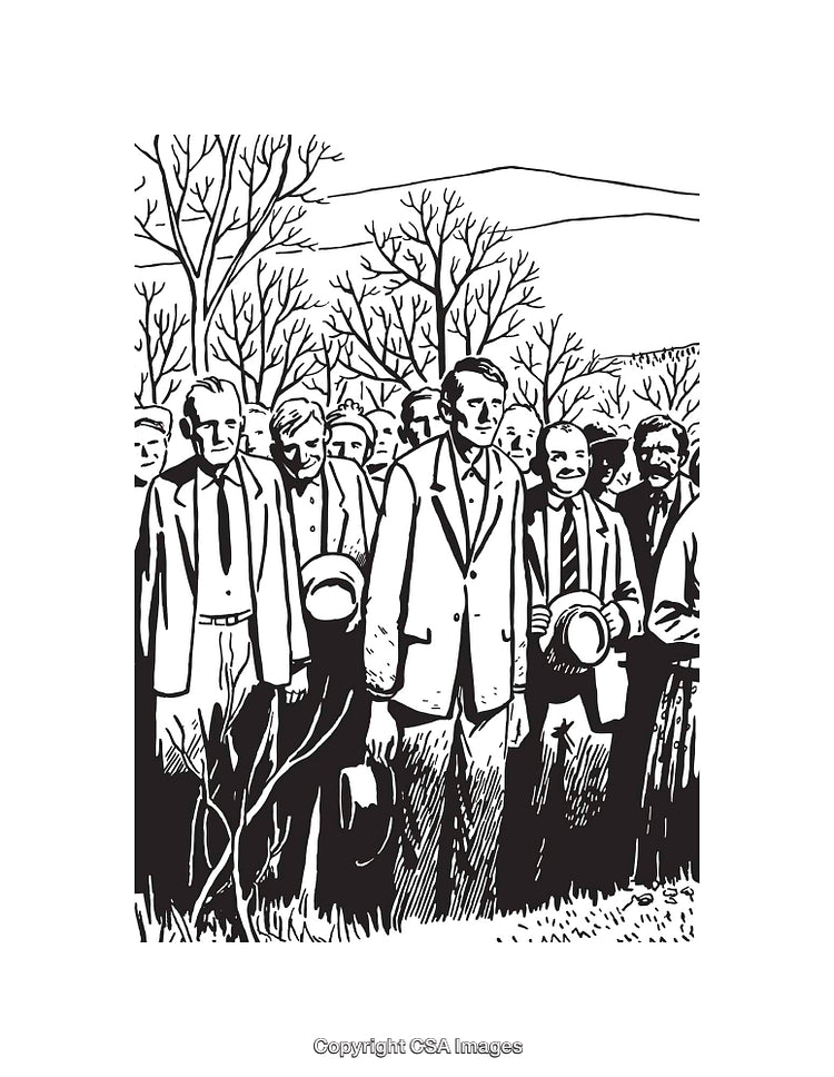 Retro Black and White Illustration of a Group of People Outdoors