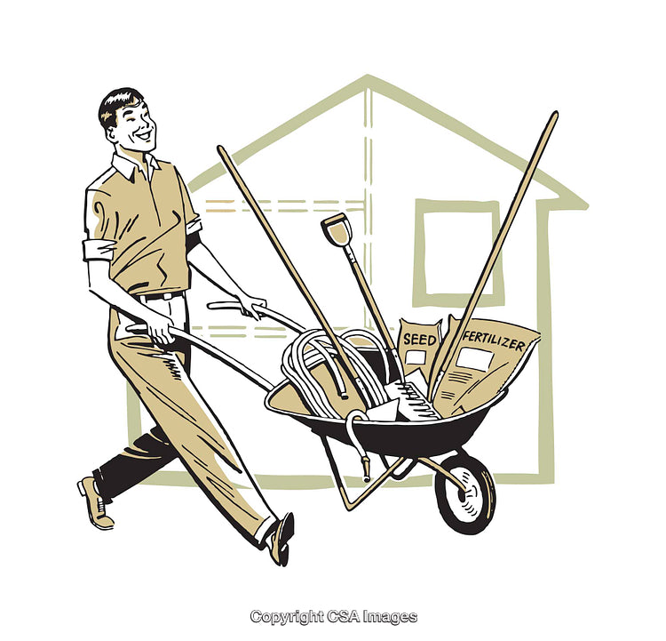 Retro Style Illustration of Gardener with Tools and Supplies in Wheelbarrow
