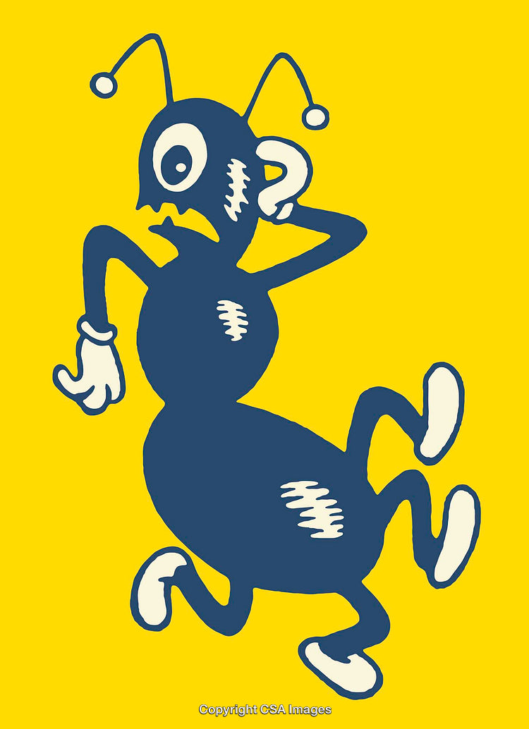Quirky Cartoon Blue Ant Character Illustration on Yellow Background