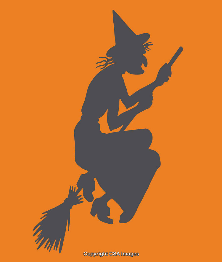 Silhouette of a Flying Witch on a Broomstick Against an Orange Background