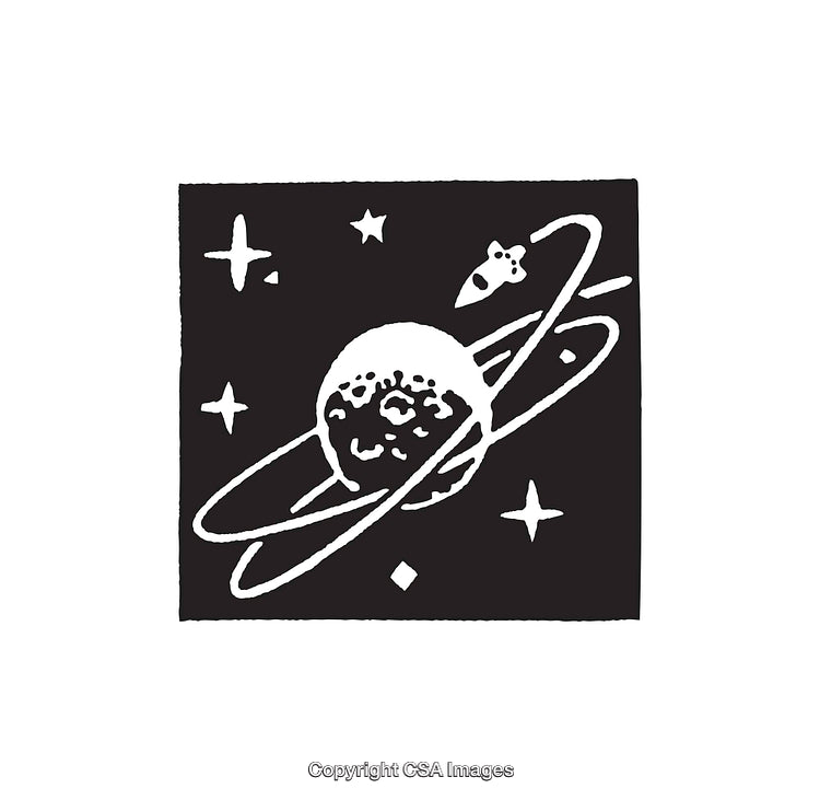 Monochrome Illustration of Saturn With Stars and Rocket in Outer Space