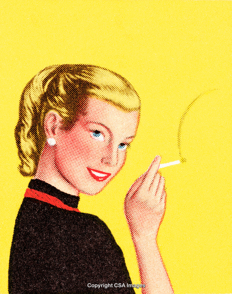 Retro Pop Art Illustration of a Woman With a Cigarette on Yellow Background