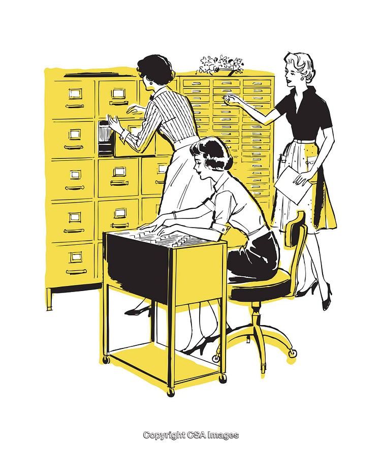 Retro Office Women Sorting Files in a Colorful Workplace Illustration