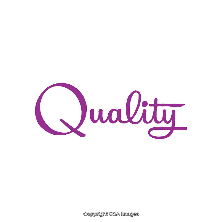 Artistic Curly Handwritten Purple 'Quality' Text on White Background