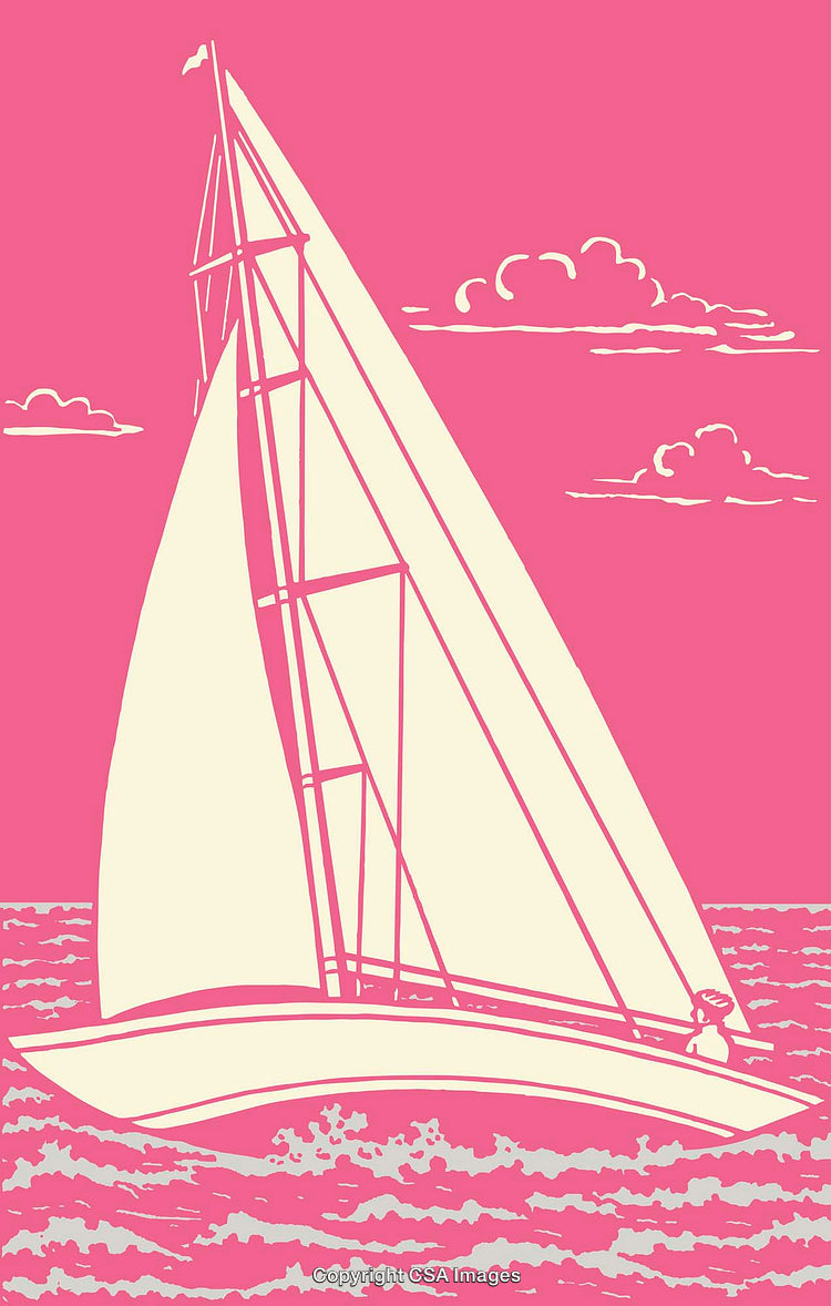 Minimalist Sailboat Illustration in Pink Tones of Calm Ocean Views