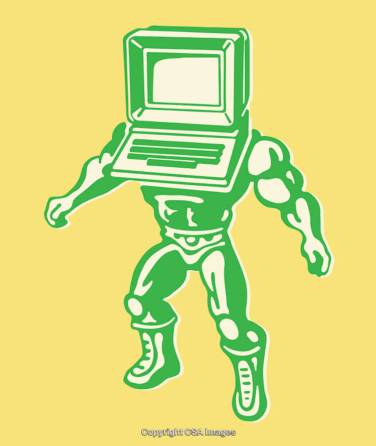 Retro Futuristic Illustration of a Muscular Character with Computer Head