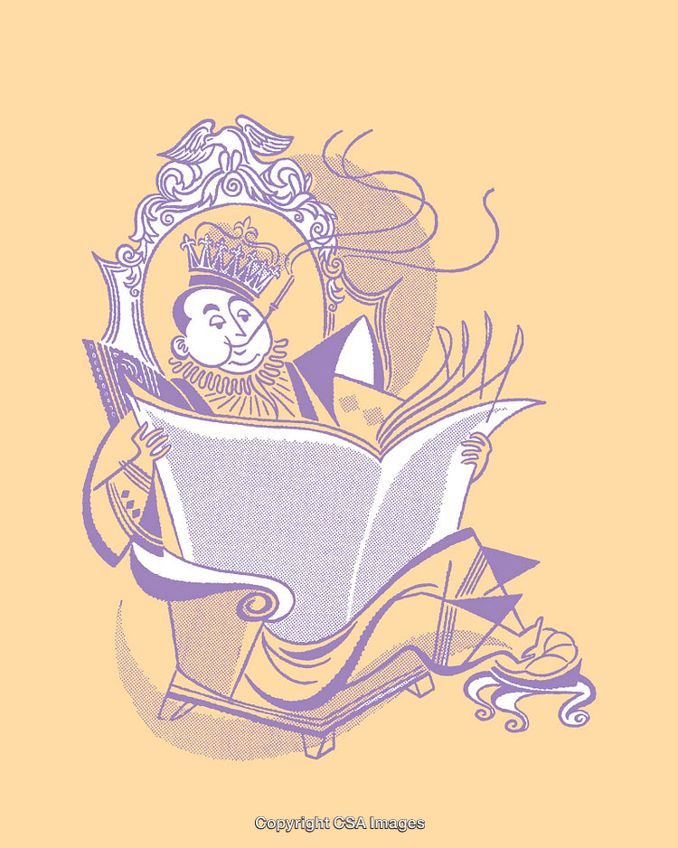 Colorful Illustrated King Reading a Book in Decorative Throne