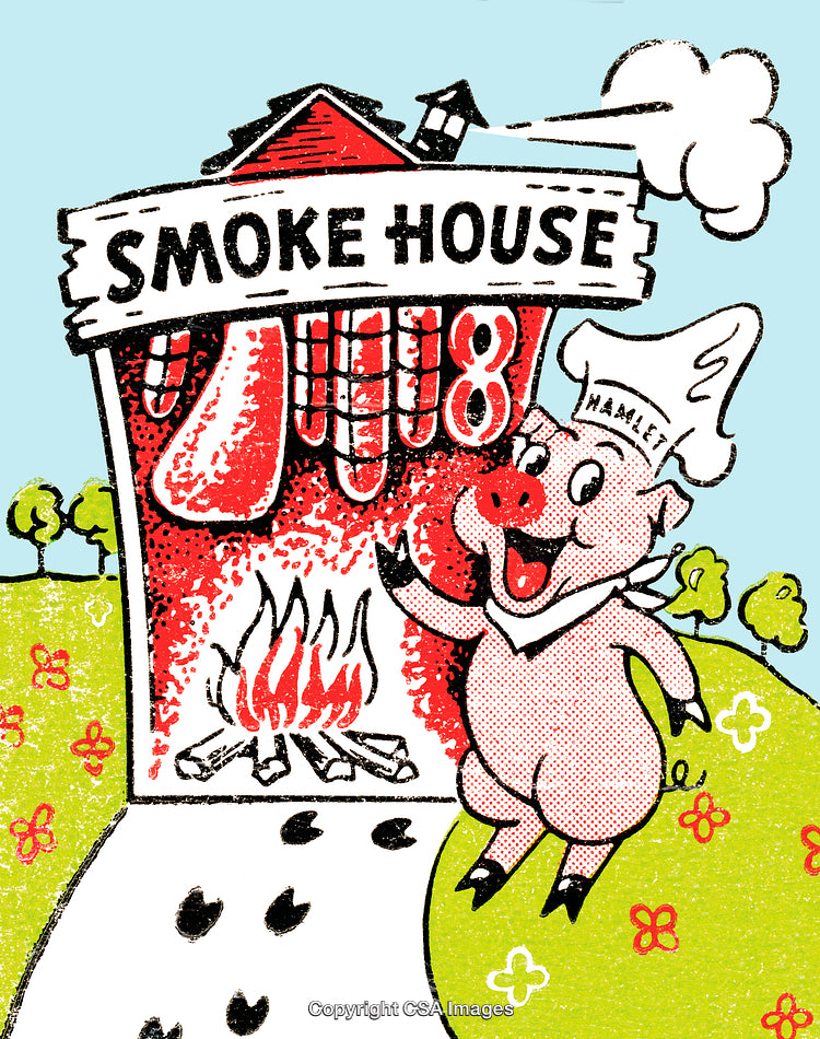 Cartoon Illustration of Smoke House With Pig and Smoking Meats