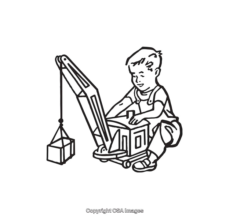 Child Playing with a Crane Toy in Line Art Style