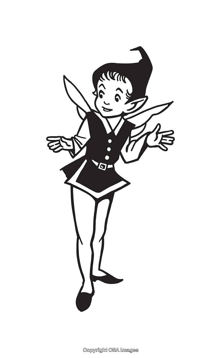 Black And White Illustration of a Friendly Elf in Playful Pose
