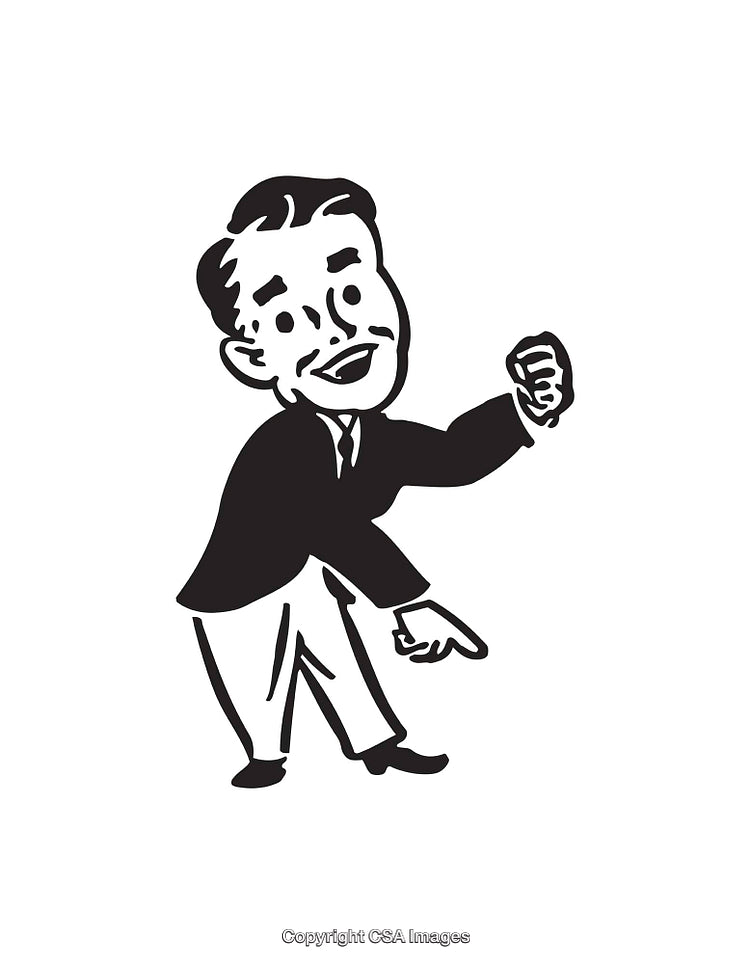 Retro Black And White Illustration of a Happy Businessman in Motion