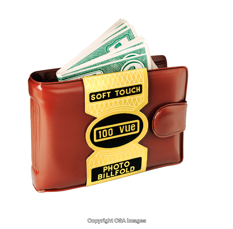 Brown Faux Leather Wallet Holding Paper Money with Yellow Label