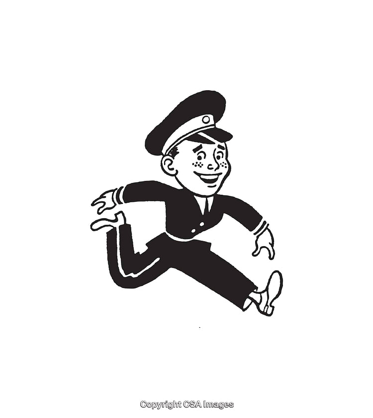 Retro Black and White Illustration of Happy Uniformed Man Running