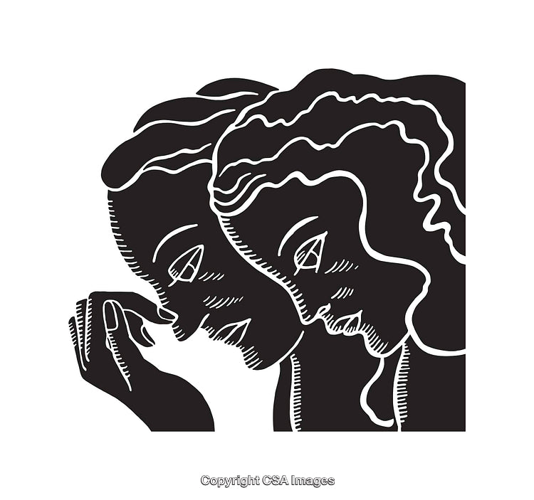 Black and White Line Art Illustration Depicting Two Contemplative Figures in Profile