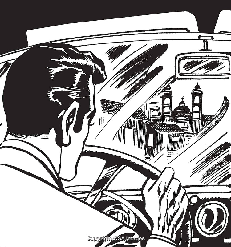 Retro Styled Illustration of a Driver Looking Through a Car Windshield