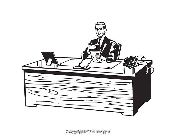 Vintage Black and White Office Scene with Businessman at Desk