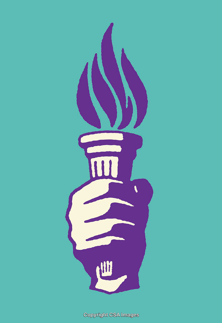 Colorful Torch Illustration with Hand on Light Blue Background