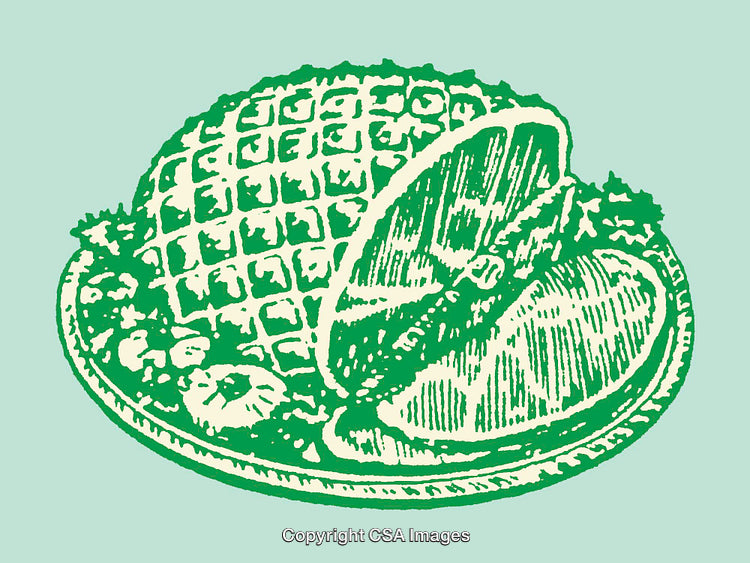 Detailed Green Line Art Depiction of a Waffle and Sliced Ham on Dish
