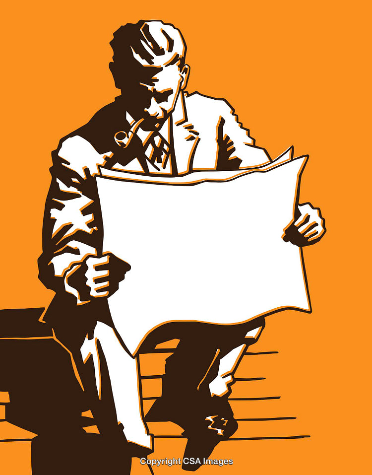 Vintage Illustration of Man Reading Newspaper in Retro Line Art Style