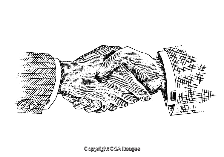 Black And White Engraving of Hands in a Handshake Gesture