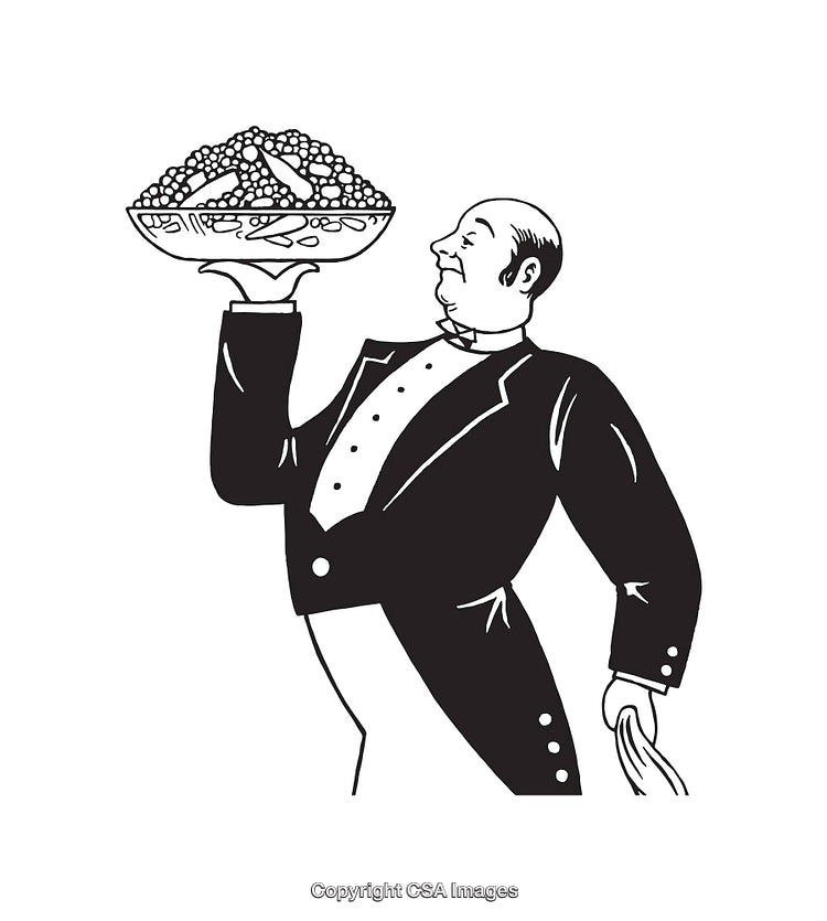 Black and White Illustration of Elegant Butler Holding a Bowl of Food