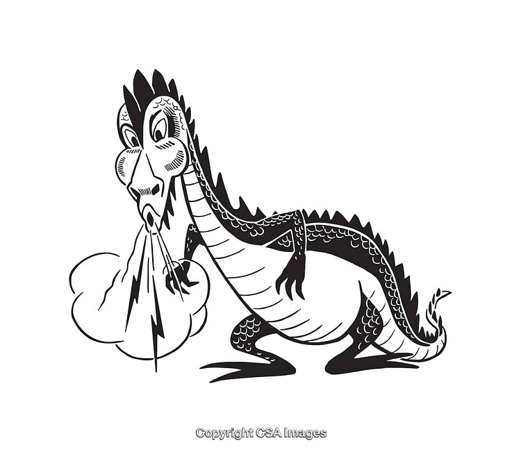 Stylized Black and White Line Art of a Fire-Breathing Dragon