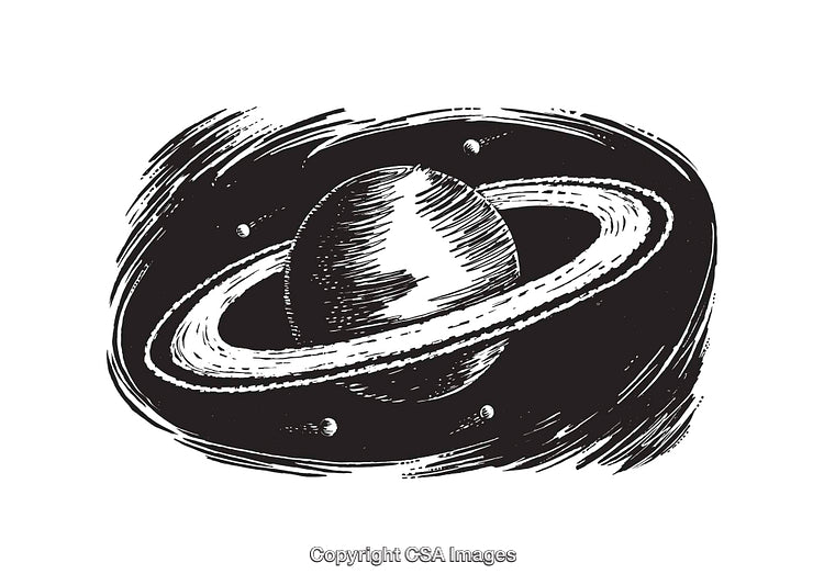 Hand-Drawn Black and White Illustration of Saturn with Its Rings