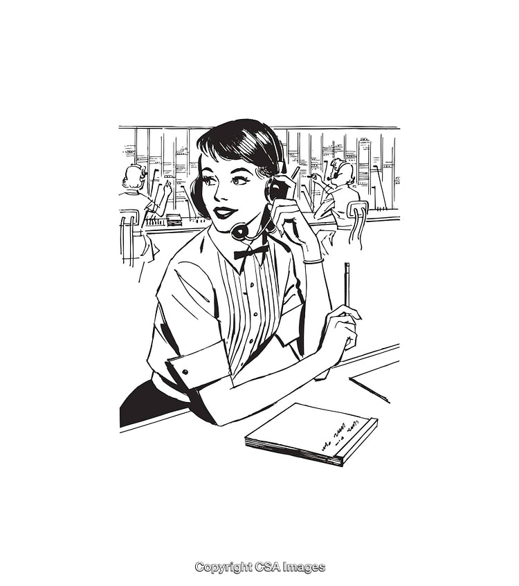 Vintage Line Art of a Telephone Operator in a Call Center