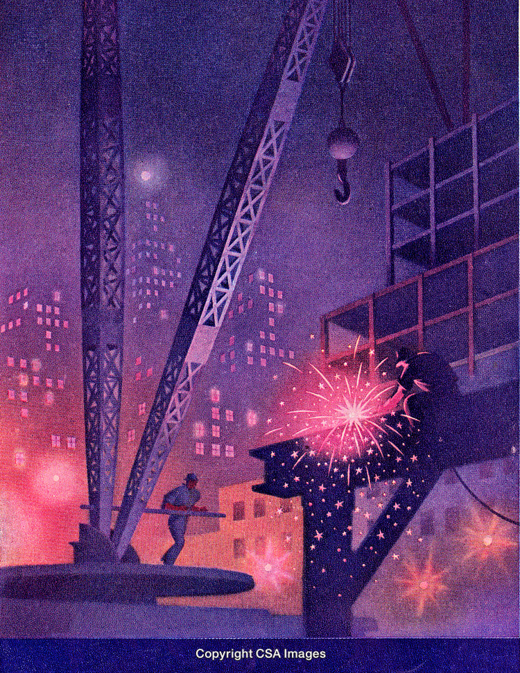 Industrial Night Scene with Worker, Crane, and Welder Sparks