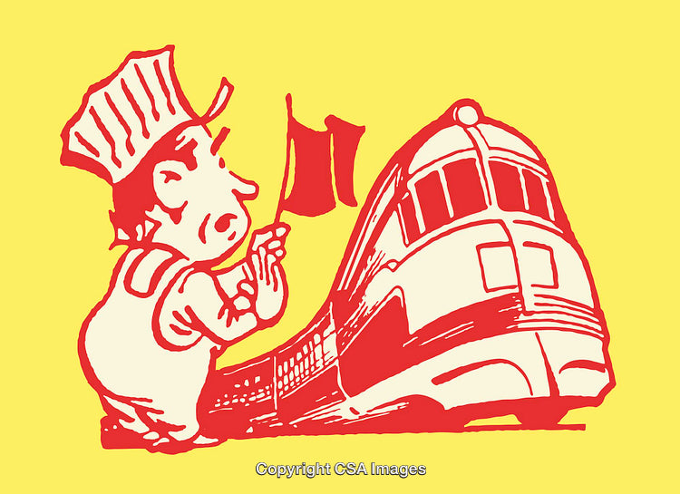 Chef Signaling a Train with Cartoon Style Artwork, Red on Yellow