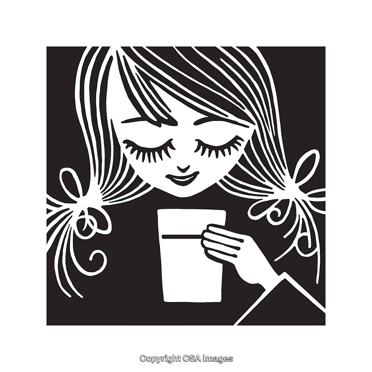 Black and White Line Art of Woman Holding a Cup