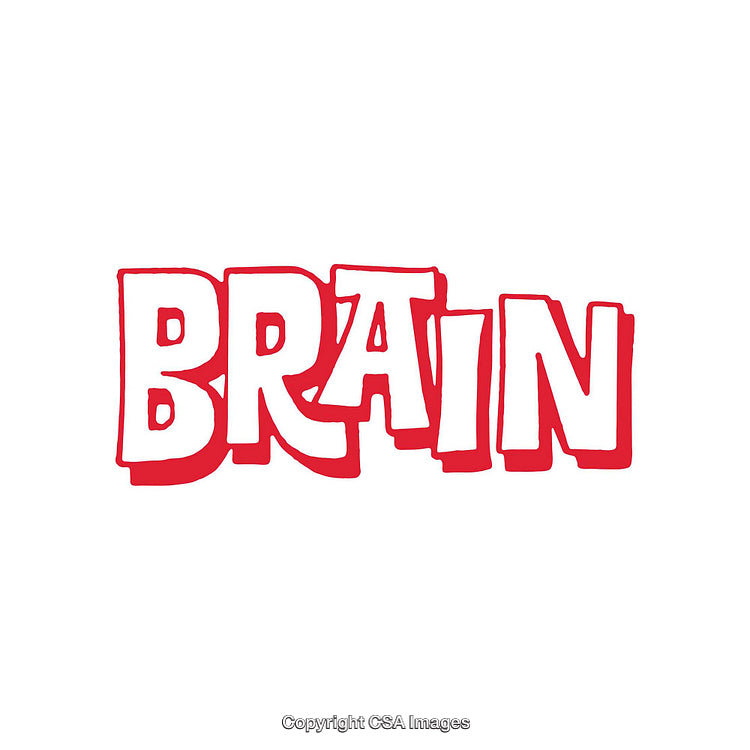 Red Bold Typography Graphic Displaying the Word Brain in Cartoon Style