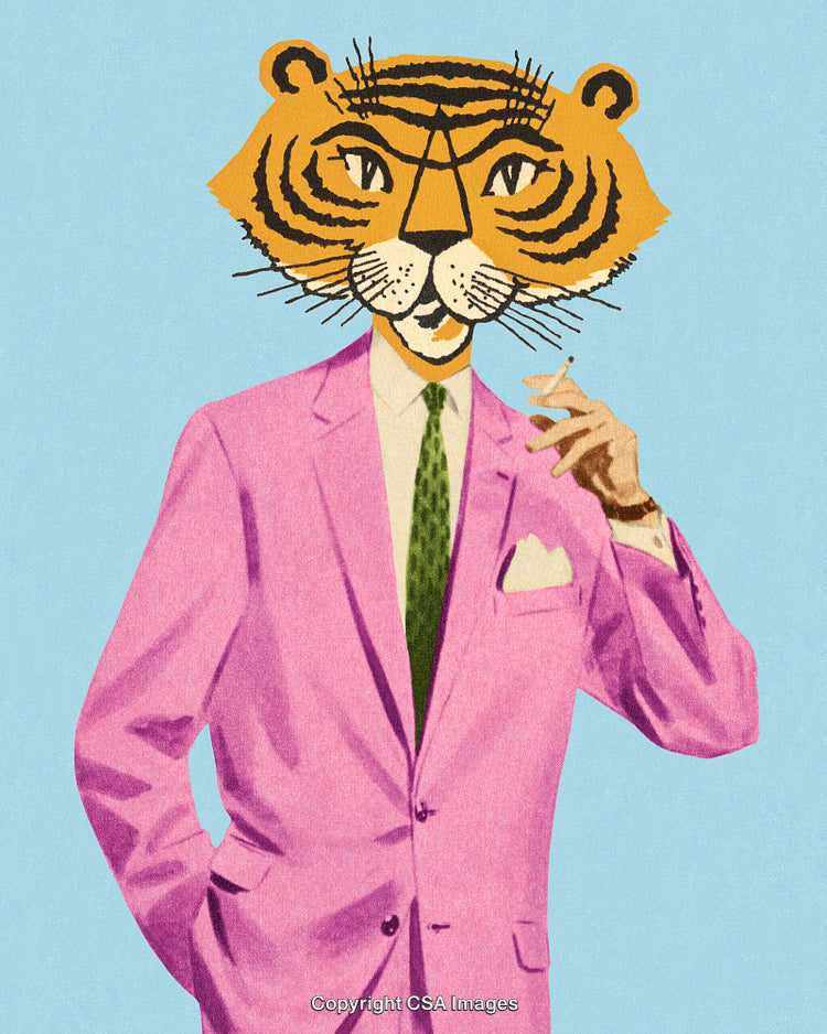 Retro Tiger-Human Character Dressed in a Pink Suit and Tie