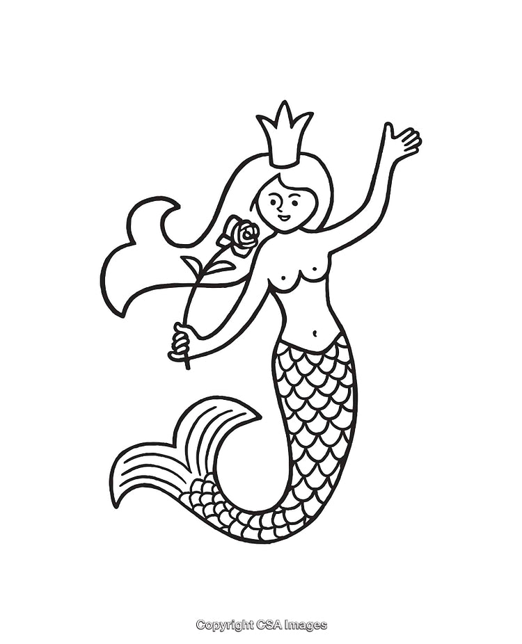 Black and White Line Art of a Mermaid with Crown and Rose