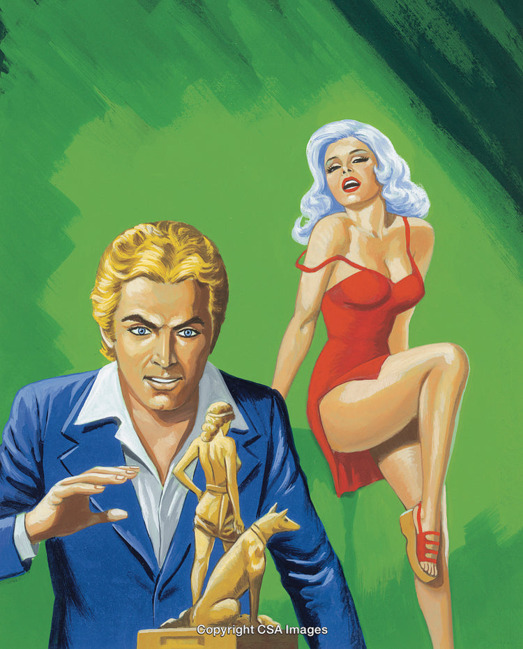 Retro Illustration with Elegant Figures and Golden Sculpture