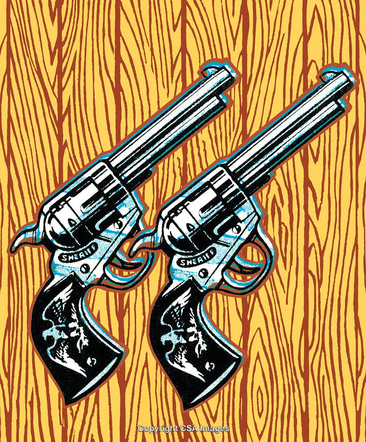 Pop Art Illustration of Two Revolvers Over a Wooden Texture Background