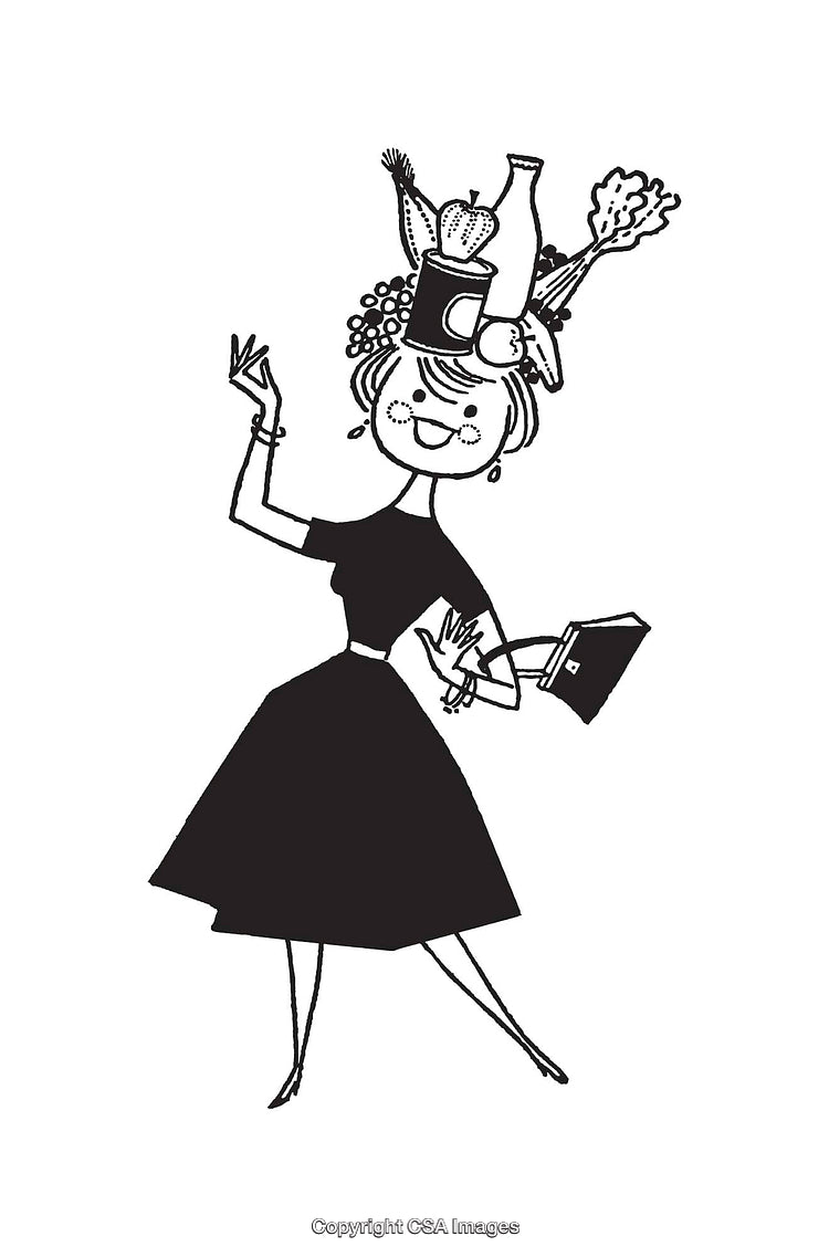 Whimsical Lady Holding a Book with Food Items on Her Head