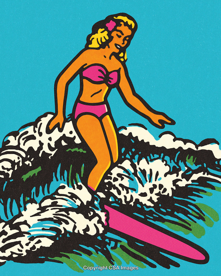 Colorful Retro Art of a Woman Surfing on Ocean Waves
