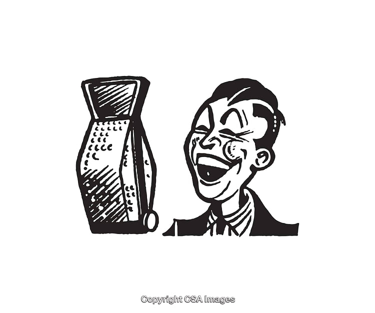 Black and White Illustration of a Laughing Man and Accordion