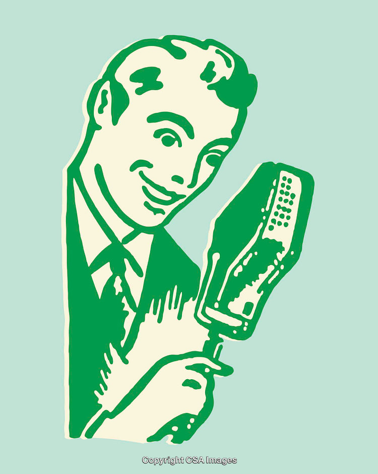 Retro Style Line Art Illustration of a Man Holding Microphone in Green Tones