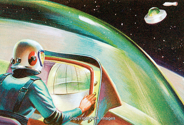 Retro Illustration of Astronaut Observing a UFO in Deep Space