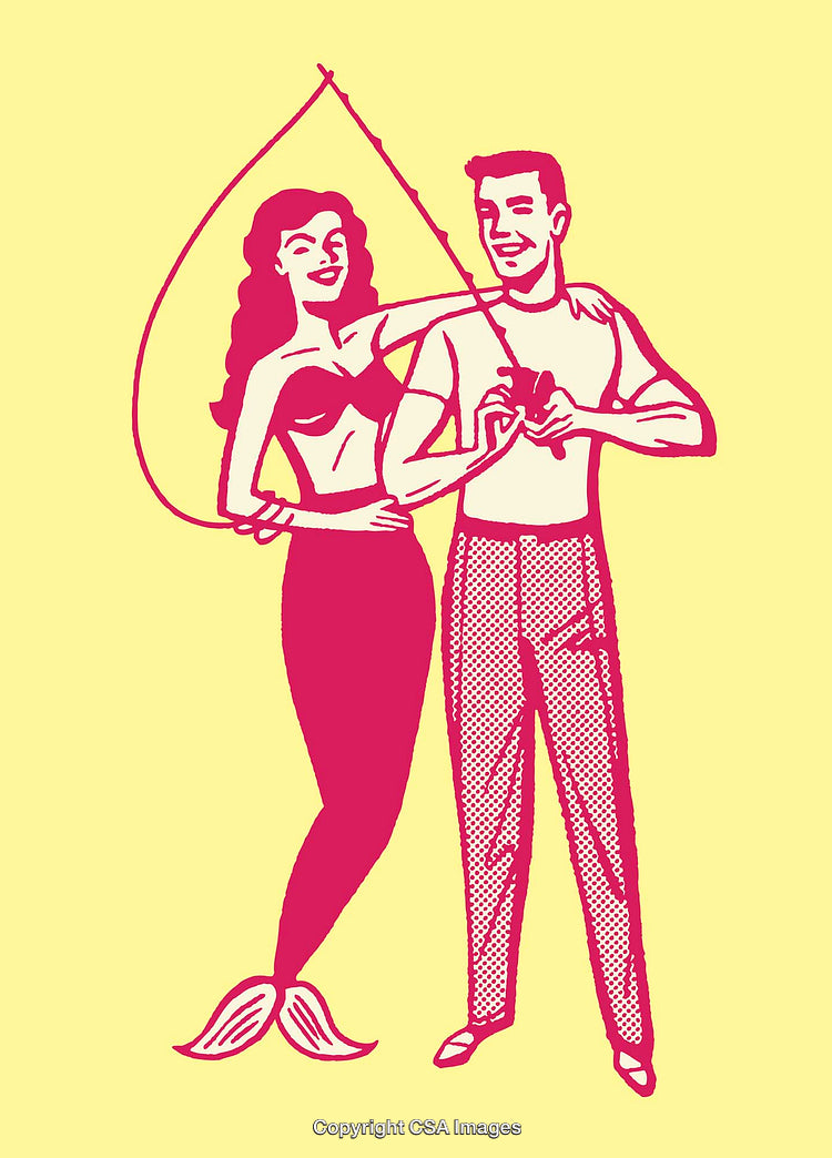 Retro Styled Artwork Featuring a Mermaid and a Man Bonding Outdoors