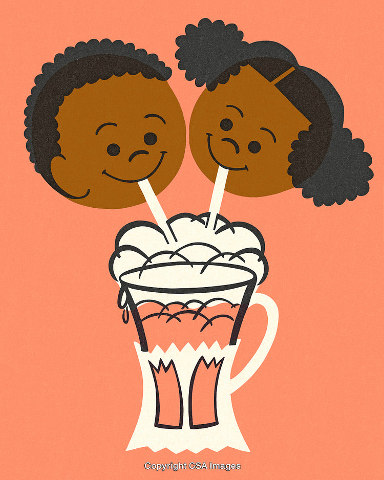 Illustration of Children Sharing a Beverage With Smiling Faces on Orange Background