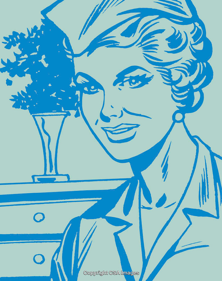 Retro Styled Illustration of Happy Woman with Vintage Flair in Blue Design