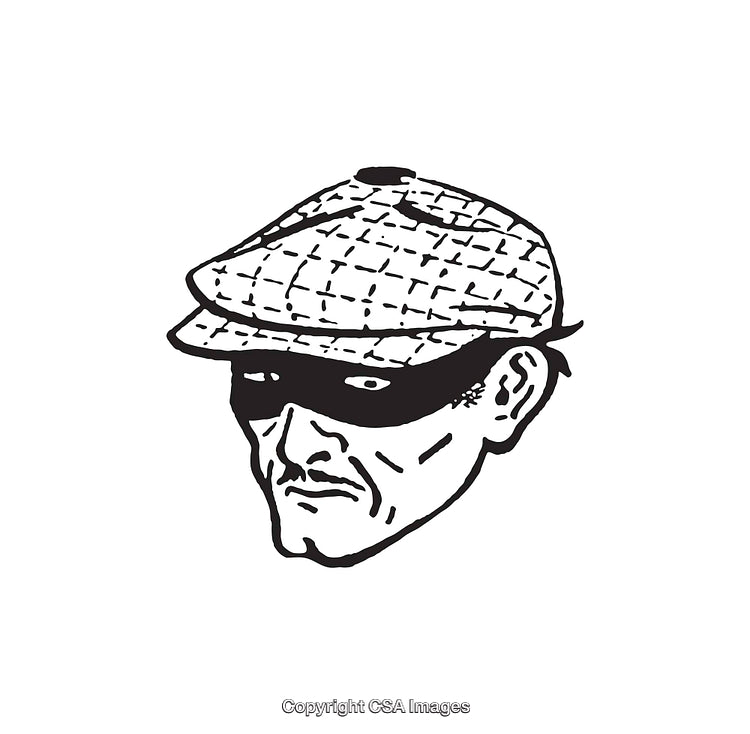 Black and White Line-Art Illustration of Masked Man in Plaid Cap