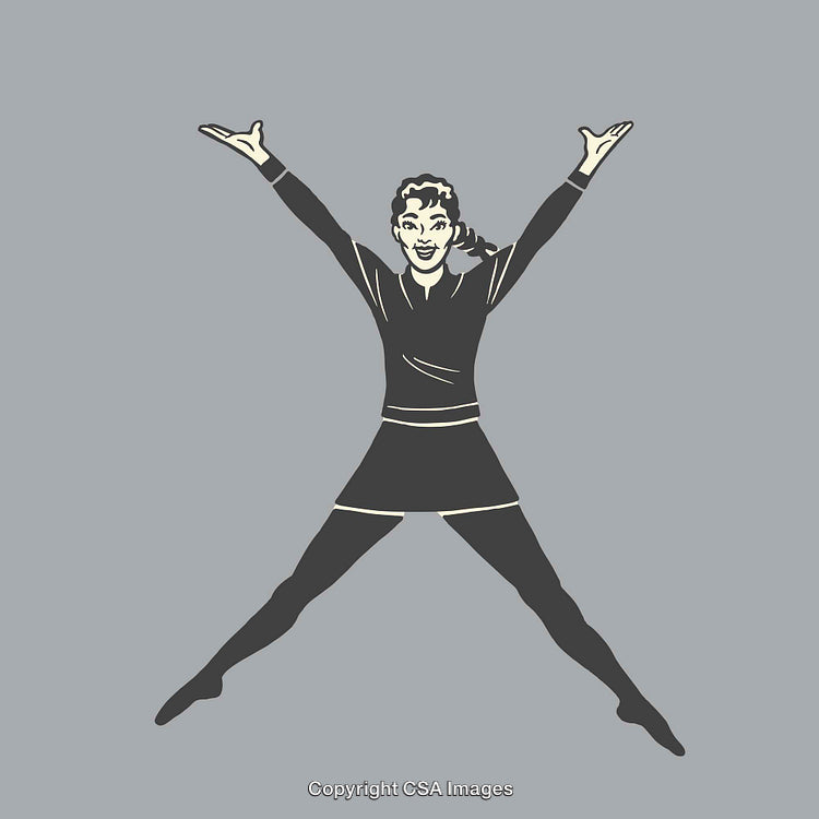 Cheerful Female Cheerleader Jumping with Outstretched Arms in Vintage Style Illustration